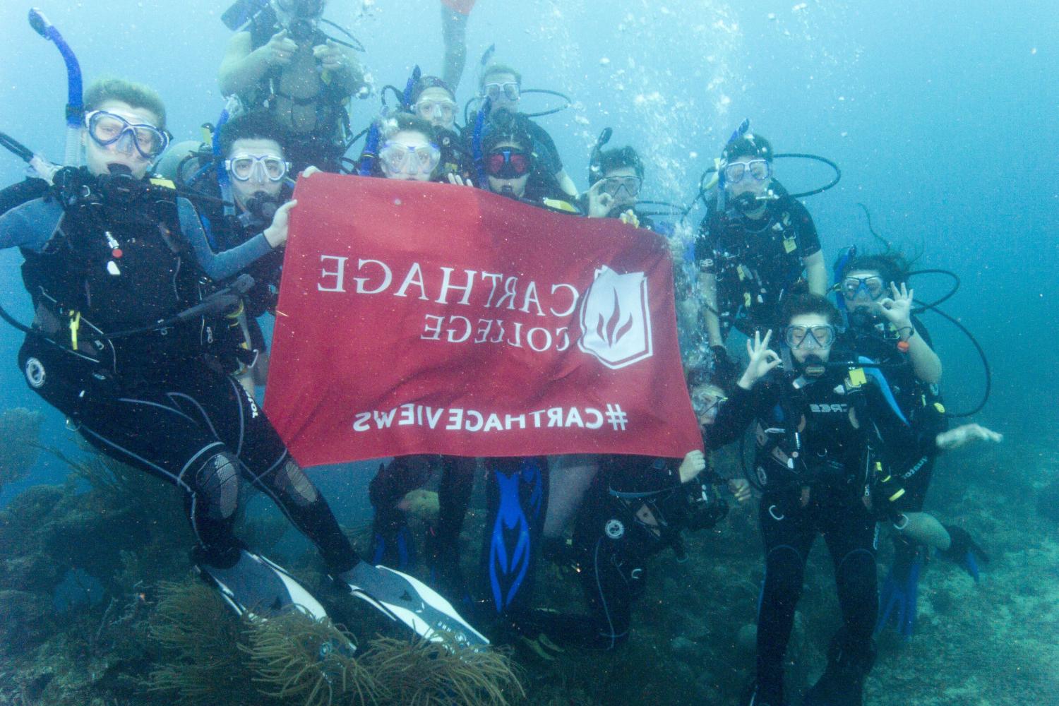 学生们手持<a href='http://gk46.lcxjj.net'>bv伟德ios下载</a>旗帜，在j学期洪都拉斯游学之旅中潜水.